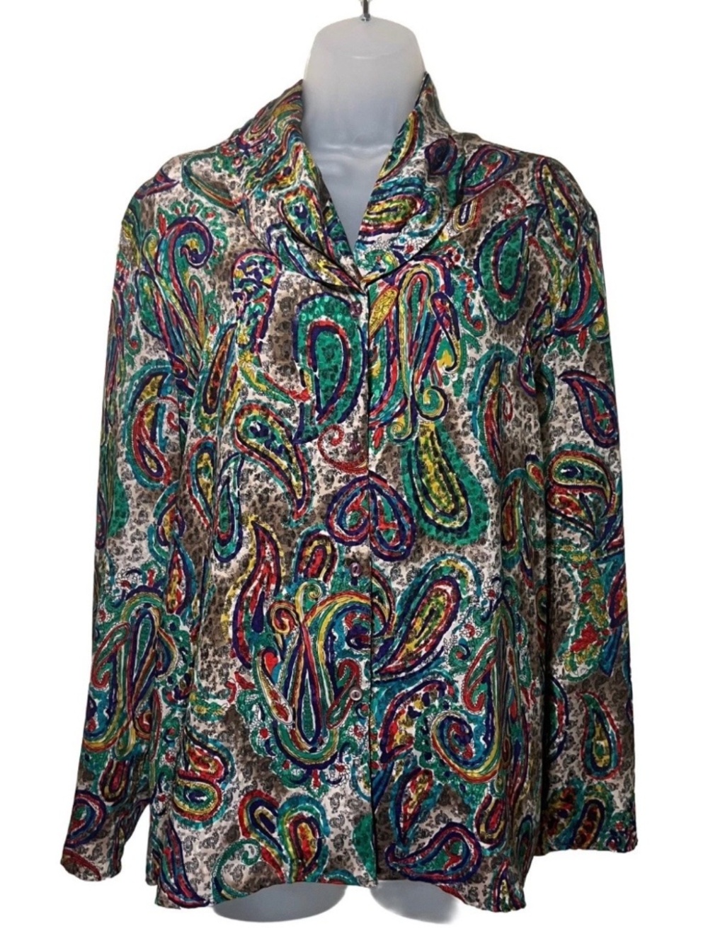 Vintage Andre Sauvage Paisley Satin Blouse Size 16 Colorful Retro Button Down